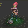 Game Character With Red Hair White And Blue Outfit Standing On Rock Green Grass