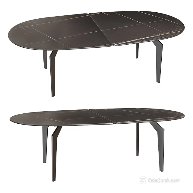 Modern Dark Oval Dining Table With Paneled Top And Sleek Metal Legs 3d model 