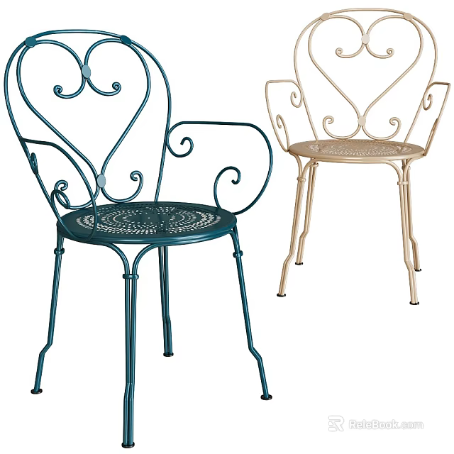 Teal And Beige Iron Dining Chairs With Armrests Decorative Scrollwork And Perforated Seats 3d model 