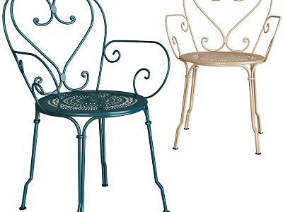 Teal And Beige Iron Dining Chairs With Armrests Decorative Scrollwork And Perforated Seats 3d model