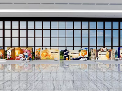 Spacious Photo Check In Spot With Marble Floor Display Boards Glass Windows And Blue Sky 3d model