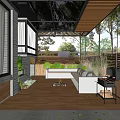 Relaxing Patio Garden Area With Wooden Pergola Sofa Fire Pit Grill And Lush Green Plants