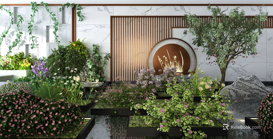 Lush Plant Combination In Interior Garden With Green Plants Flowers And Wooden Slat Partition 3d model 