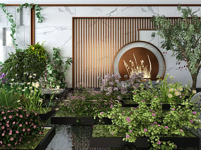 Lush Plant Combination In Interior Garden With Green Plants Flowers And Wooden Slat Partition 3d model