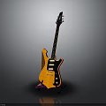 Yellow Electric Guitar With Black Neck Strings And Pickups On Stand Against Gray Gradient Background