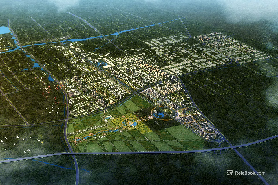 Aerial View Urban Master Plan With Green Spaces Water Systems Road Networks And Building Clusters 3d model 