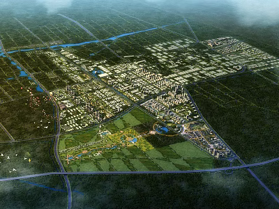 Aerial View Urban Master Plan With Green Spaces Water Systems Road Networks And Building Clusters 3d model