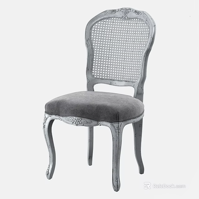 Vintage Accent Chair With Rattan Backrest Gray Upholstered Seat And Carved Legs 3d model 