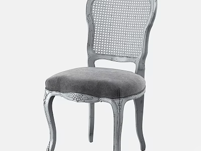 Vintage Accent Chair With Rattan Backrest Gray Upholstered Seat And Carved Legs 3d model