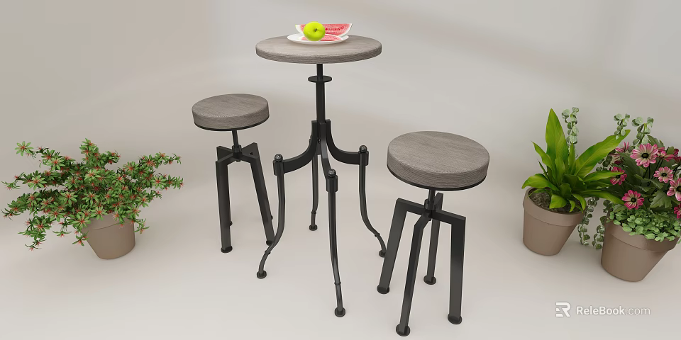 Modern Round Bar Counter With Two Bar Stools Fruit Plate And Green Plants 3d model