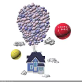 Colorful Photo Spot With Purple Pink Balloons Small Blue House Clouds And Smiling Sun