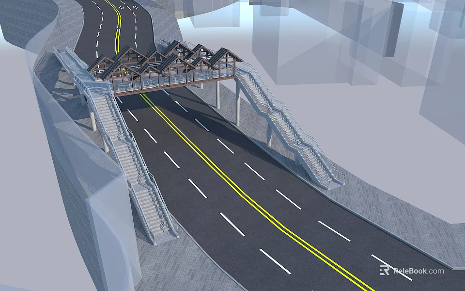 Pedestrian Bridge Over Highway With Roof Structure Gray Piers And Staircases 3d model 