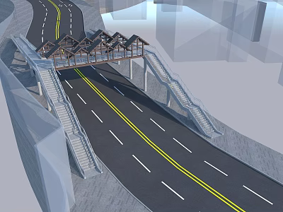Pedestrian Bridge Over Highway With Roof Structure Gray Piers And Staircases 3d model