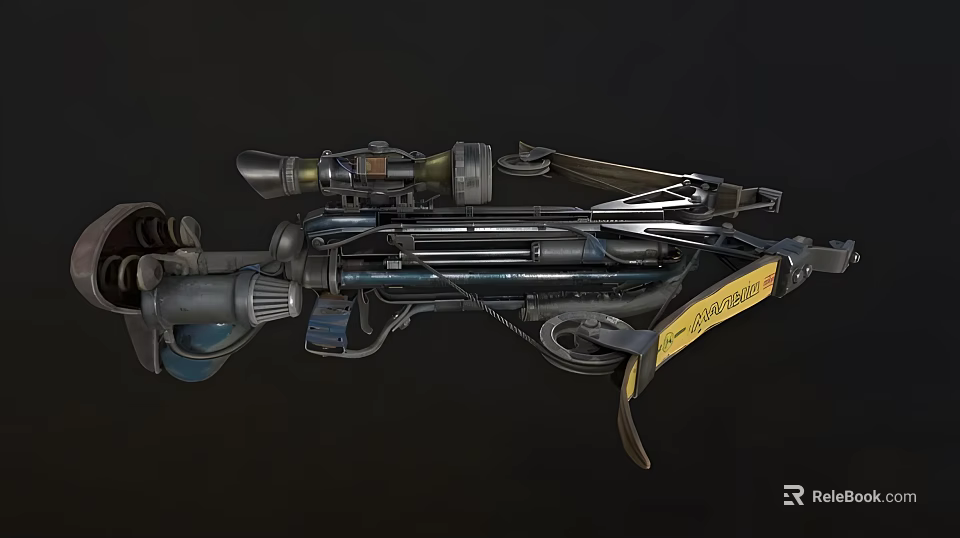 Mechanical Crossbow Weapon Featuring Sniper Scope Metal Parts And Yellow Warning Sticker 3d model 