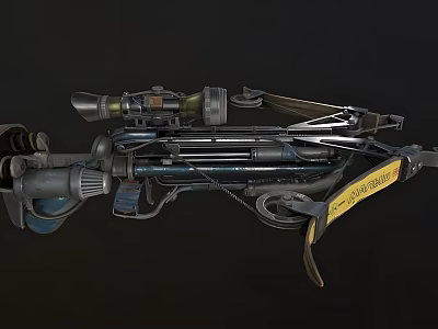 Mechanical Crossbow Weapon Featuring Sniper Scope Metal Parts And Yellow Warning Sticker 3d model