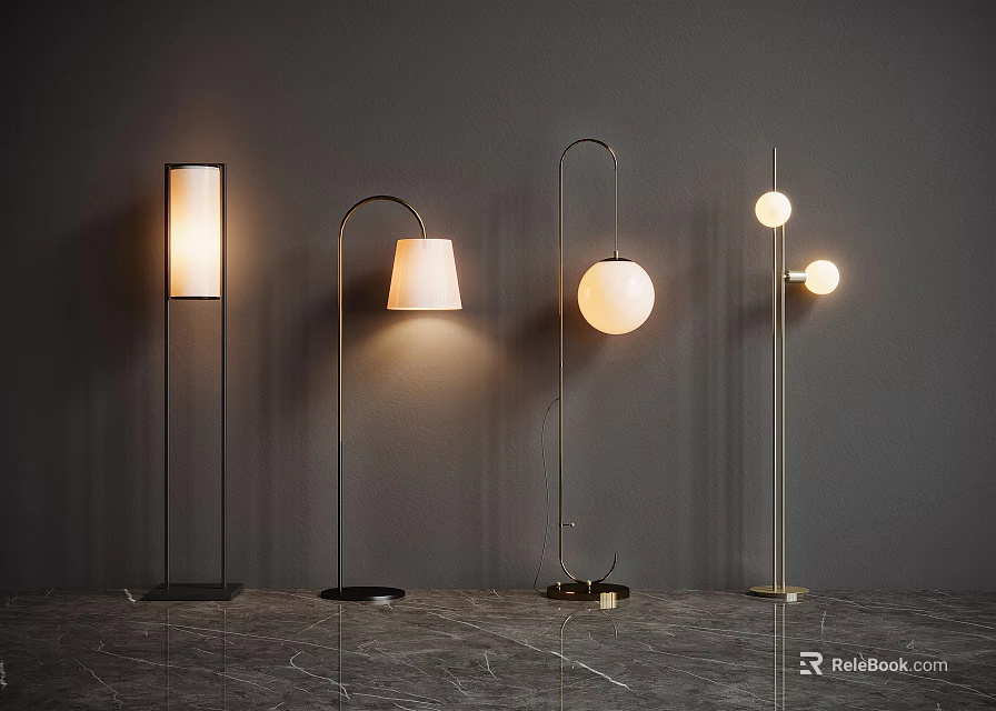 Modern Floor Lamps With Diverse Stylish Designs Illuminated On Dark Background 3d model 