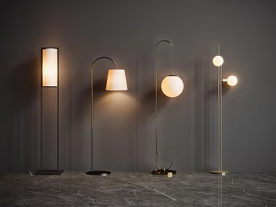 Modern Floor Lamps With Diverse Stylish Designs Illuminated On Dark Background 3d model