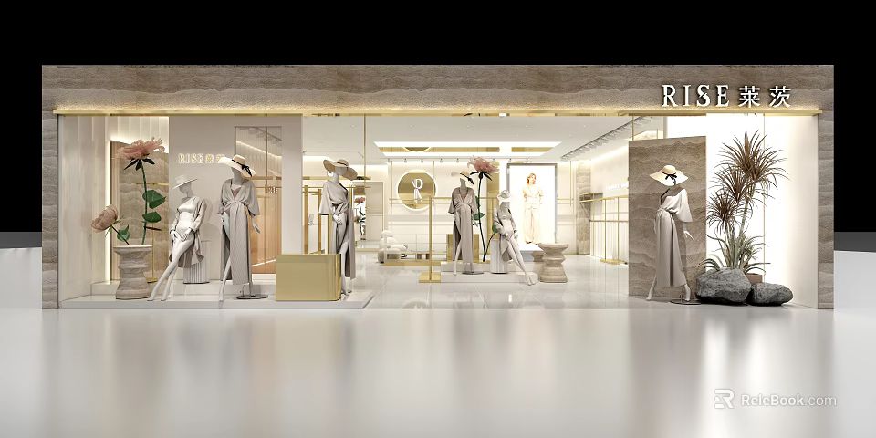 Elegant Modern Clothing Store Window Display With Mannequins In Stylish Outfits 3d model 