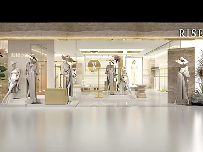 Elegant Modern Clothing Store Window Display With Mannequins In Stylish Outfits 3d model