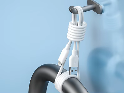 White USB Charging Cable Wrapped Around Black Hook for Mobile Digital Devices Tidy Organization 3d model