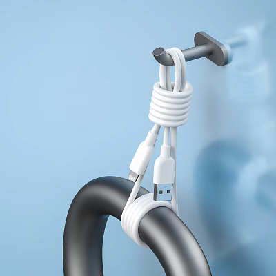 White USB Charging Cable Wrapped Around Black Hook for Mobile Digital Devices Tidy Organization 3d model