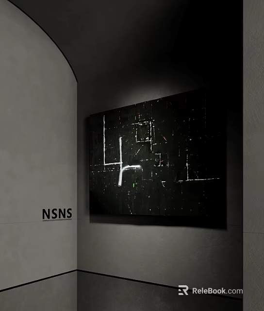 Abstract Oil Painting With Black White And Colorful Geometric Lines On Indoor Wall 3d model 