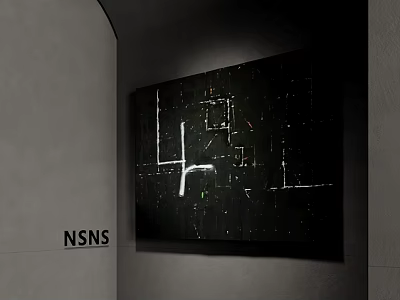 Abstract Oil Painting With Black White And Colorful Geometric Lines On Indoor Wall 3d model