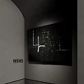 Abstract Oil Painting With Black White And Colorful Geometric Lines On Indoor Wall