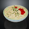 Delicious Noodles In Blue And White Bowl With Green Onions And Red Chili Slices