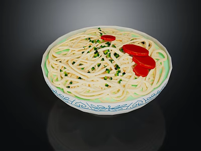 Delicious Noodles In Blue And White Bowl With Green Onions And Red Chili Slices 3d model