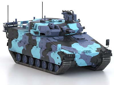 Modern Combat Tank Featuring Blue Gray Camouflage Top Weapon Equipment And Track System 3d model