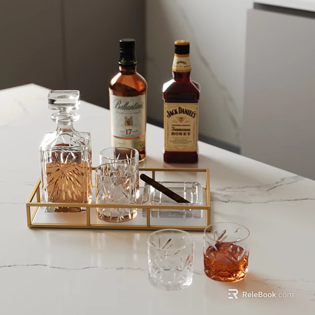 Stylish Gold Tray With Whiskey Bottles Glasses Cigar And Ice 3d model 