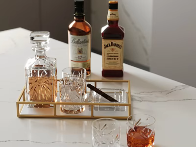 Stylish Gold Tray With Whiskey Bottles Glasses Cigar And Ice 3d model