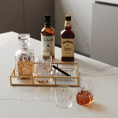 Stylish Gold Tray With Whiskey Bottles Glasses Cigar And Ice 3d model Stylish Gold Tray With Whiskey Bottles Glasses Cigar And Ice 3d model