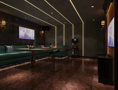 Modern Luxury KTV Interior Design With Green Sofa Large TV Warm Lighting And Coffee Table 3d model