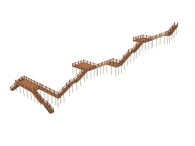Outdoor Winding Wooden Boardwalk Structure With Multiple Platforms And Supporting Pillars 3d model