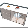 Modern Sideboard Featuring Beige Drawers Navy Frame Glass Door Cabinet And Tray With Red Fruits