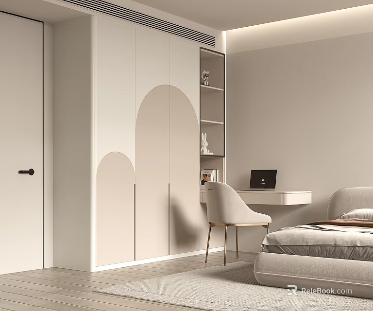 Minimalist White Bedroom Wardrobe Featuring Arched Doors And Desk Interior Design 3d model 