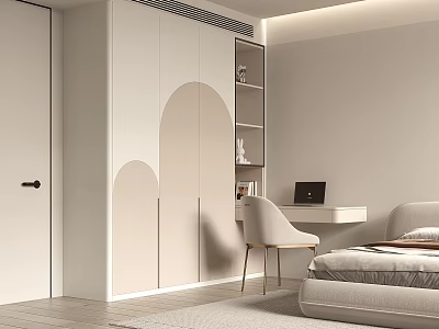 Minimalist White Bedroom Wardrobe Featuring Arched Doors And Desk Interior Design 3d model