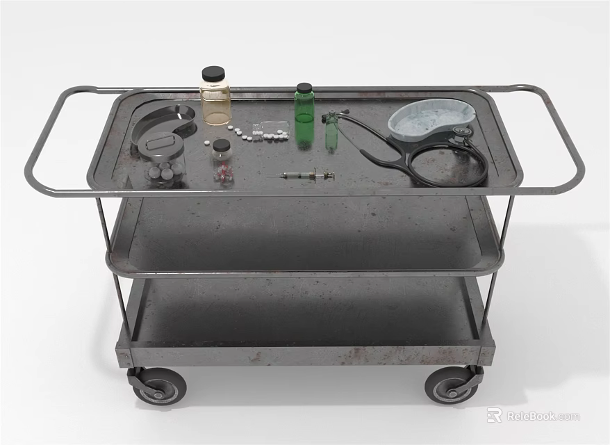Vintage Metal Two Tier Cart With Wheels Bottles Tools And Tray On Top 3d model 