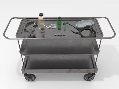 Vintage Metal Two Tier Cart With Wheels Bottles Tools And Tray On Top 3d model