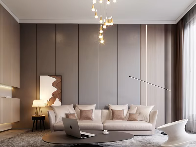 Modern Living Room With Light Sofa Round Coffee Table Laptop Pendant Light And Gray Walls 3d model