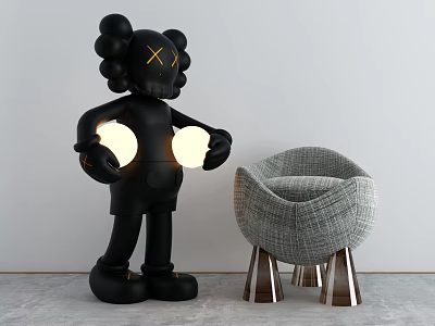 Modern Gray Fabric Accent Chair with Sleek Metal Legs and Decorative Sculpture 3d model