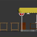 Street Storefront Scene With Brick Wall Yellow Awning Red Door Stop Sign And Table