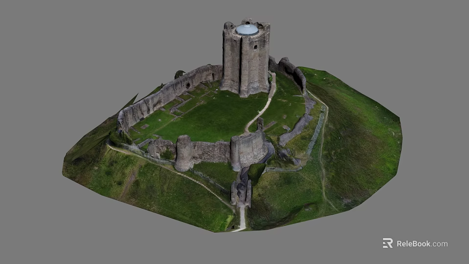 Cartoon Scene of Ancient Castle Tower with Surrounding Walls and Green Hill Grass Path 3d model 