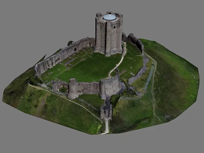 Cartoon Scene of Ancient Castle Tower with Surrounding Walls and Green Hill Grass Path 3d model