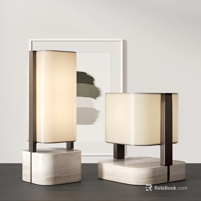 Modern Table Lamps With Wooden Bases And Minimalist Art Painting Background 3d model