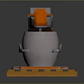 Orange Industrial Mechanical Device With Arm Handling Gray Container On Yellow Pallet
