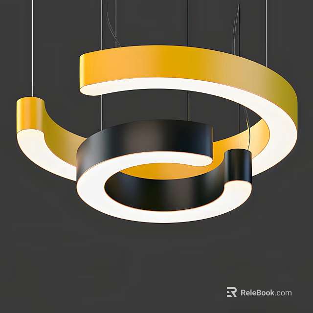 Modern Yellow And Black Circular Chandelier With Spiral Ring Design And Illuminated Light 3d model 