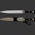 Decorative Weapon Ornate Knives With Patterned Blades Black Handles And Silver Accent Sheaths